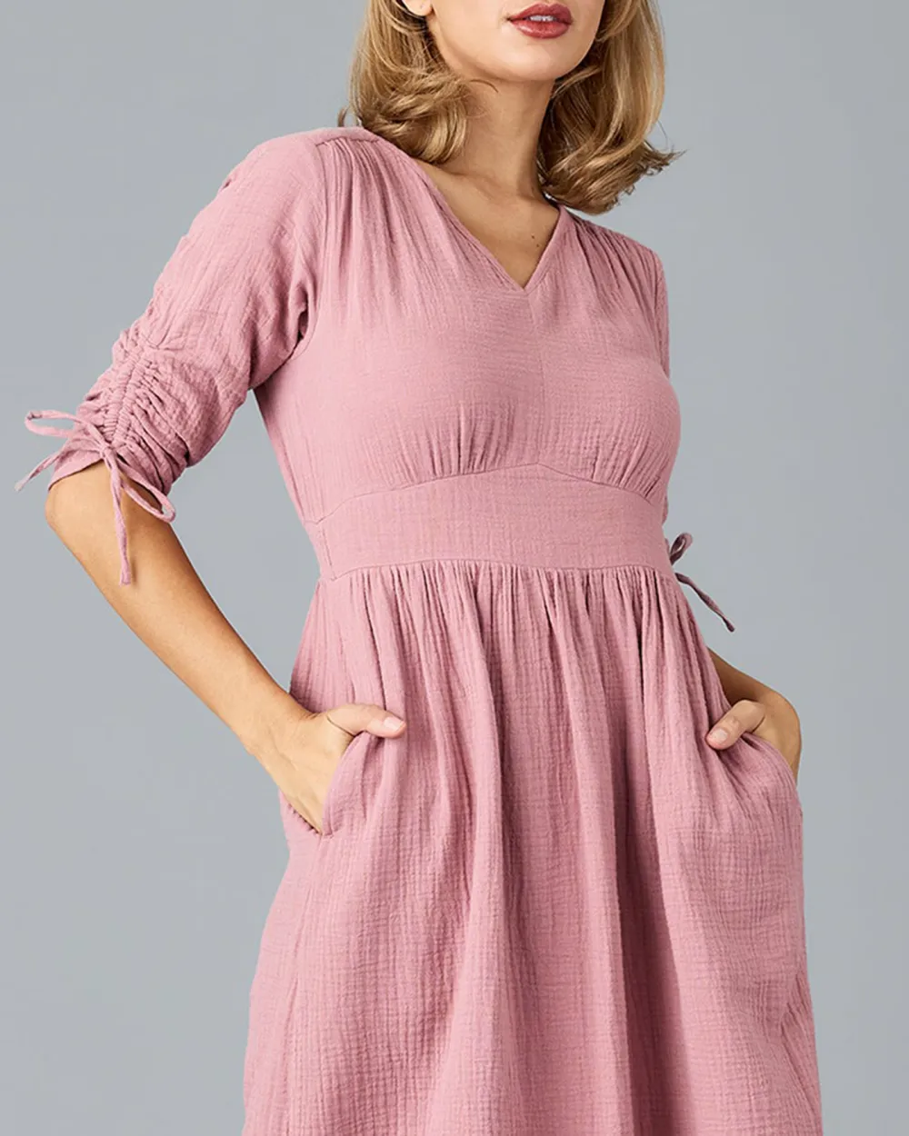 Pink Side Pockets Midi Dress