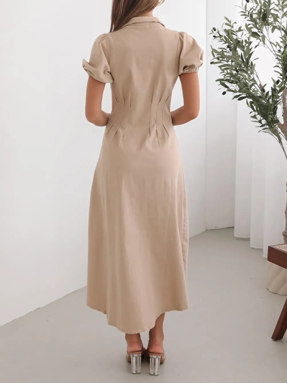 Beige Short Puff Sleeves Dress