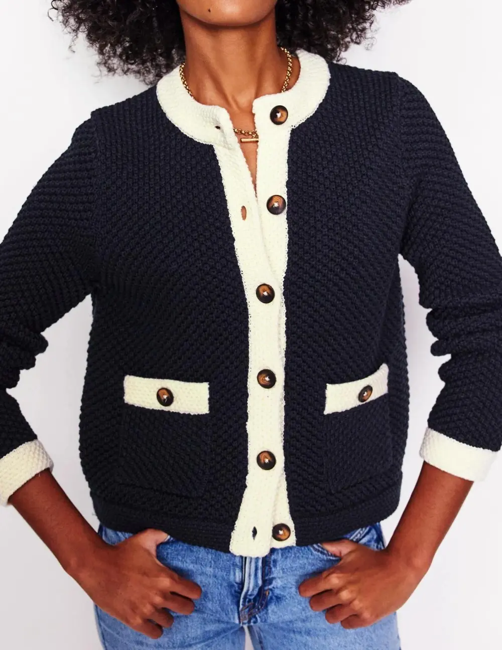 Navy and White Textured Knit Cardigan