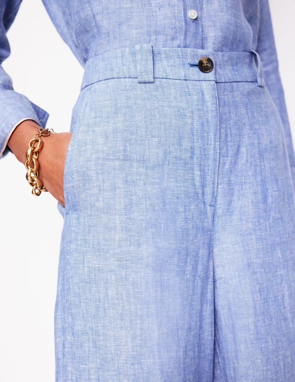 Light Blue Linen Wide - Leg Trousers
