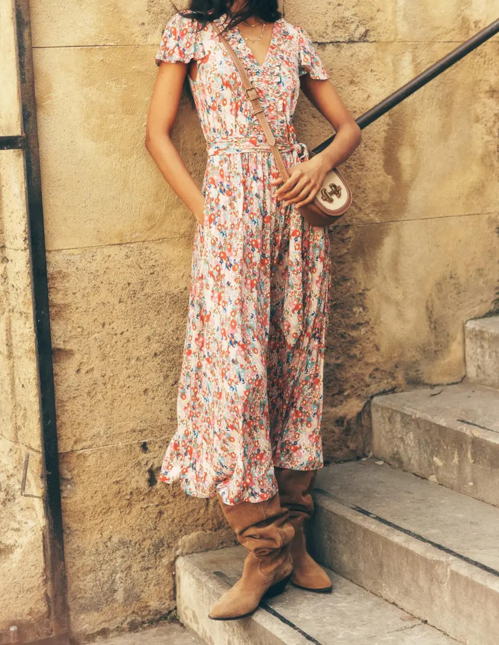 Light Pink Floral Short - Sleeve Maxi Dress