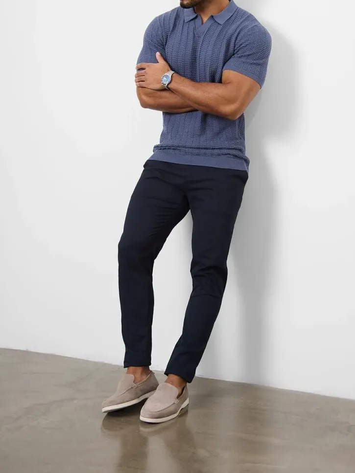 Slate Blue Soft Simple Cotton Textured Polo Shirt