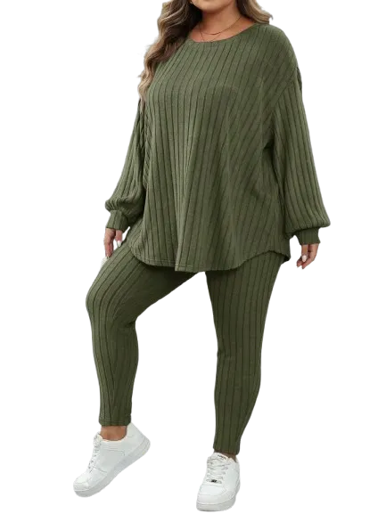 Plus Size Women's Autumn-Winter Ribbed 2pc Drop Shoulder Set