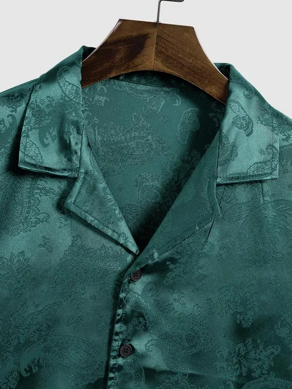 Men'S Satin Paisley Pattern  Cuban Collar Shirt Casual Shorts Set