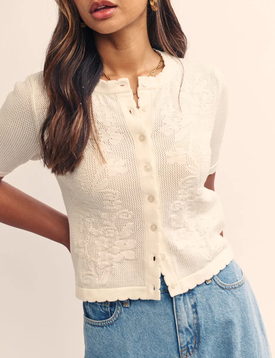 Cream Flower Stitch Knit Cardigan
