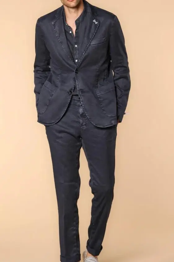 Navy Blue Men's Cotton and Linen Twill Suit Jacket