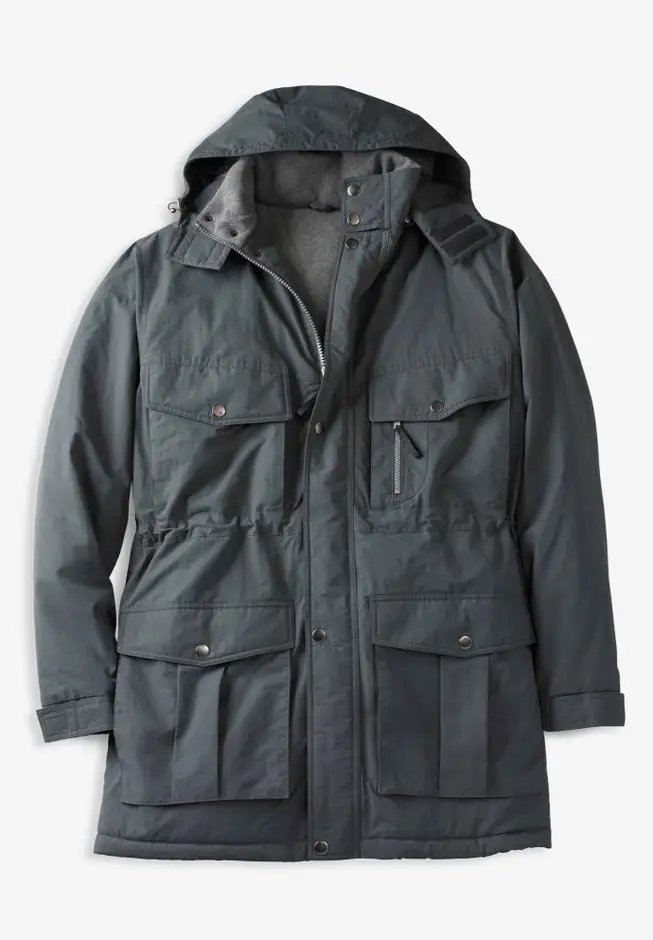 Fleece-Lined Parka with Detachable Hood and 6 Pockets