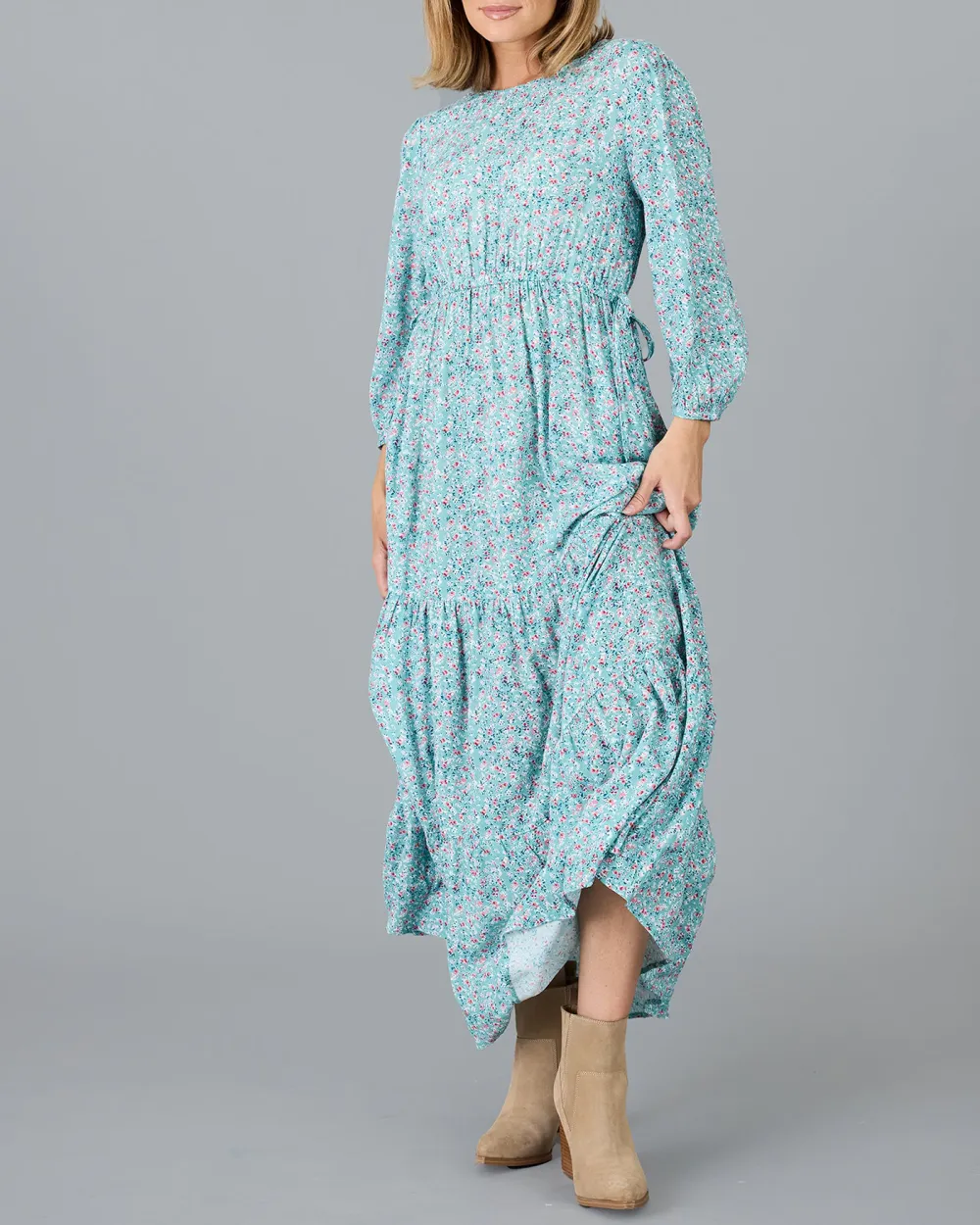 Blue Floral Print Tiered Maxi Dress