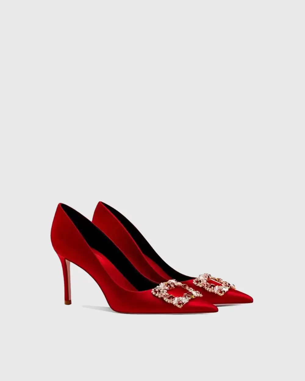 Rhinestone Buckle Satin Pumps in Red
