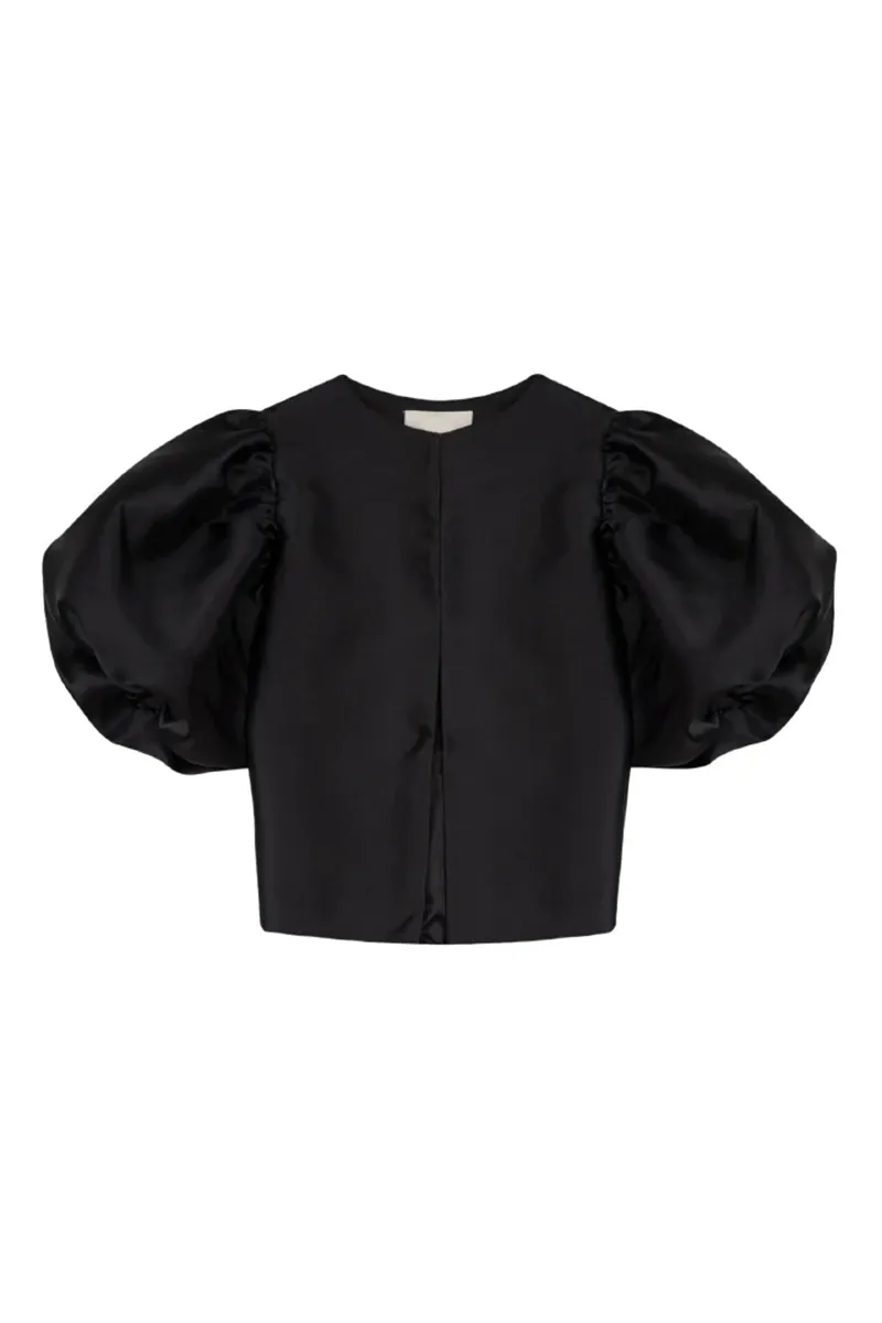 Black Pouf Sleeve Crew Neck Blouses