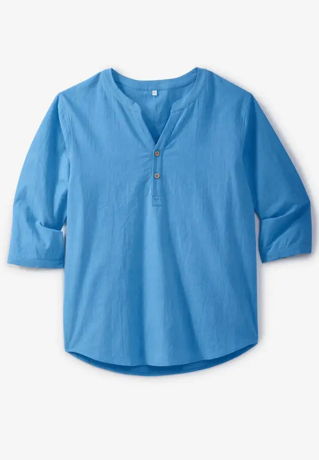 Gauze Mandarin Collar 3/4 Sleeve Shirt