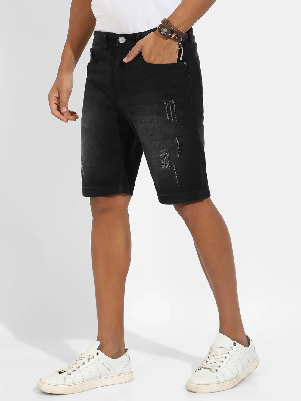 Black Casual Style Distresse Denim Shorts