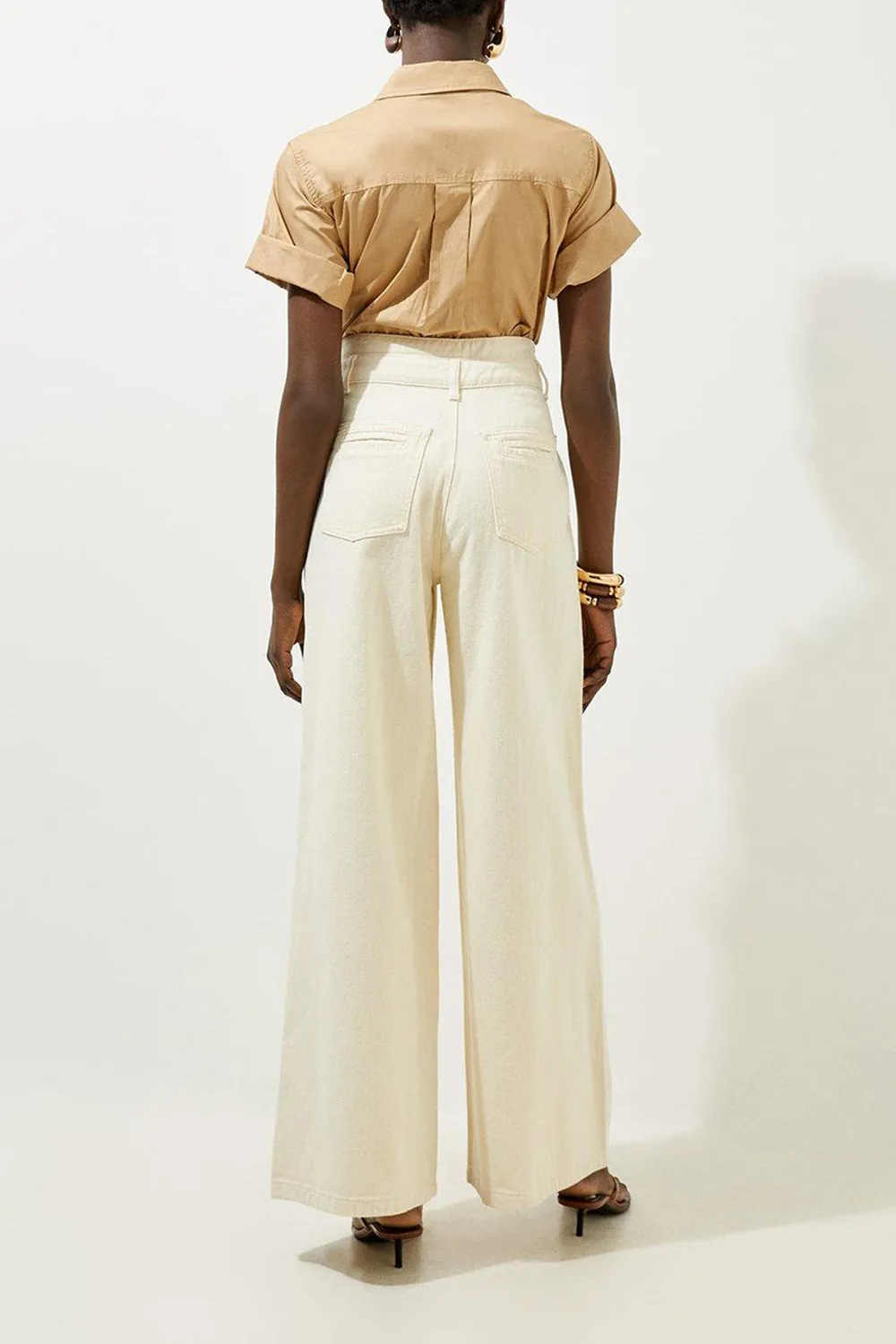 Denim Waistband Detail Wide Leg Trousers