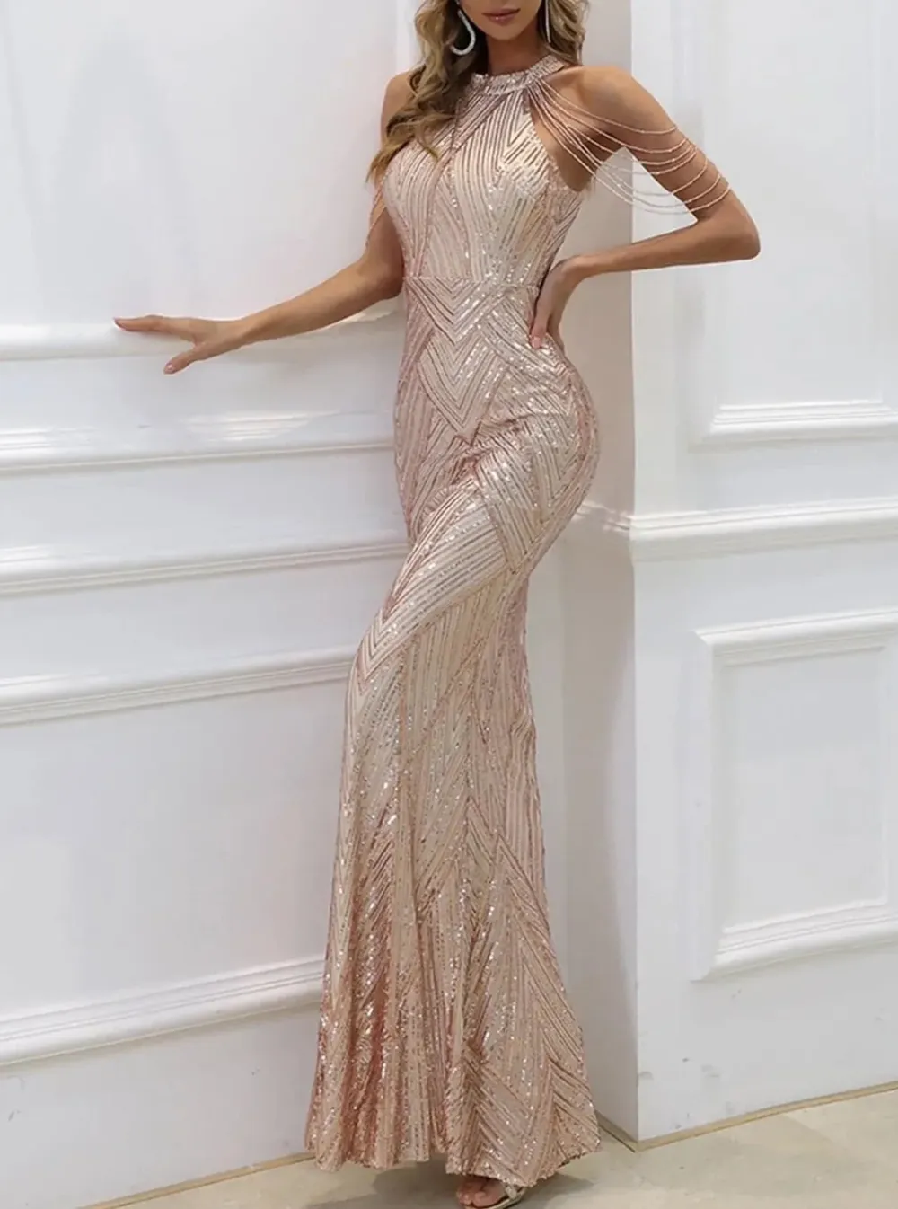 Cold Shoulder Beads Chain Cocktail Dress