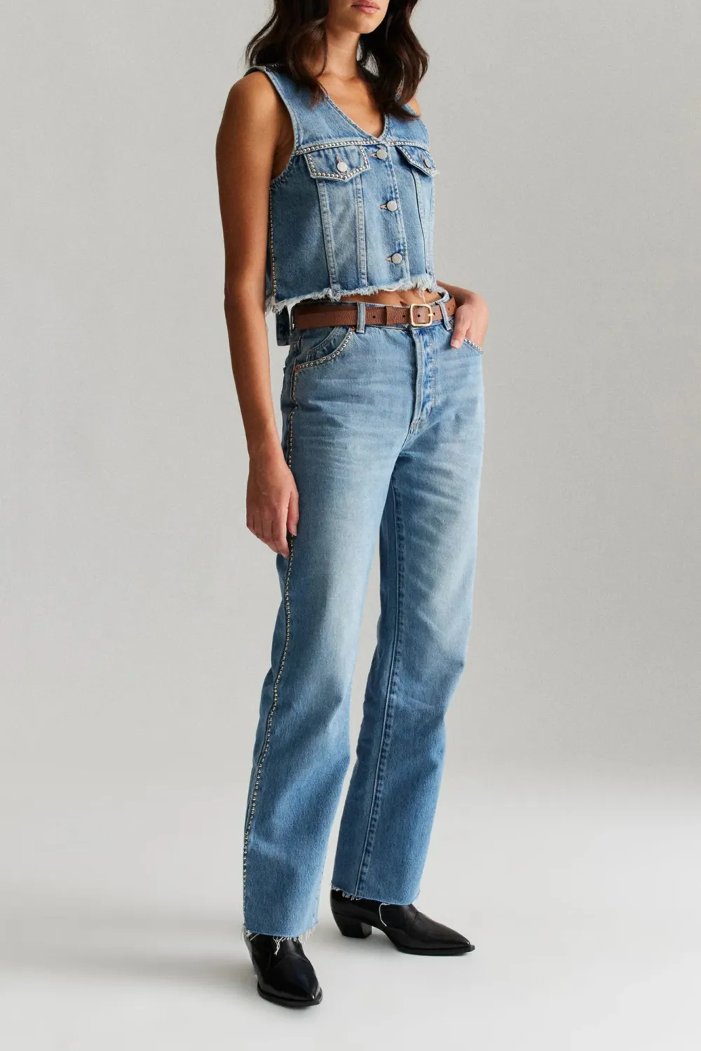 Blue Fashionable Frayed Denim Studs Tank Tops