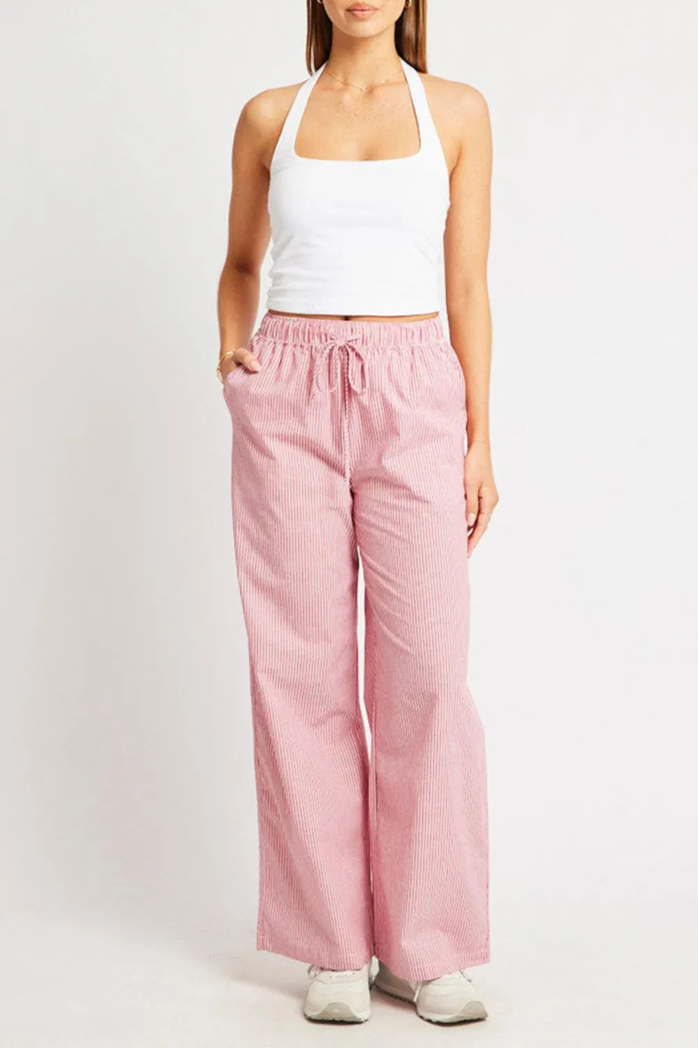 Red Stripe Wide Leg Pants High Rise