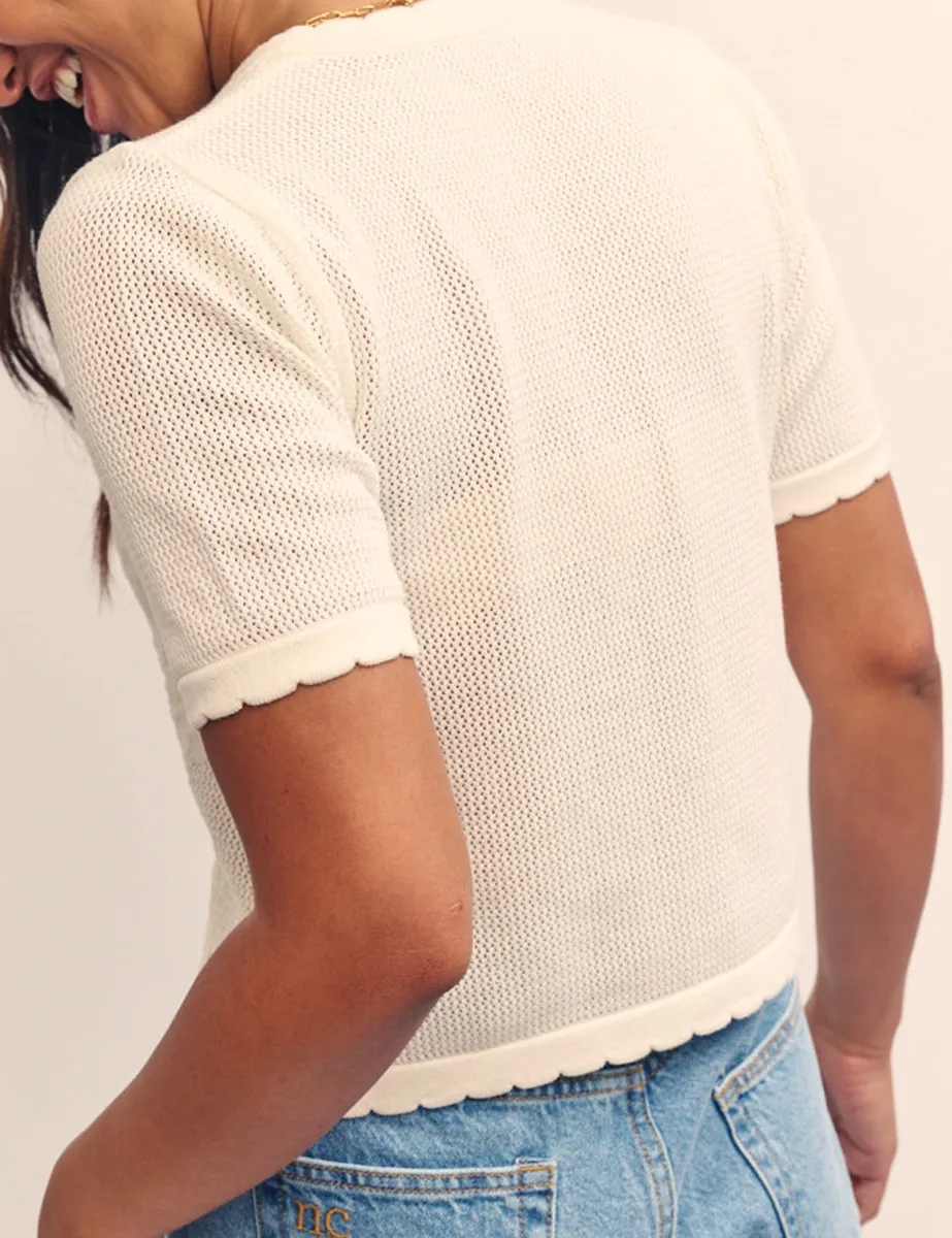 Cream Flower Stitch Knit Cardigan