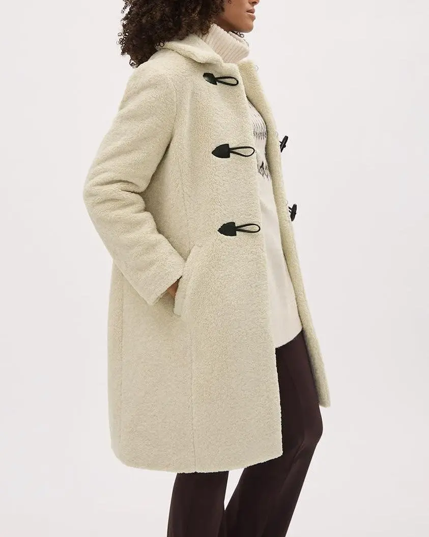 Casual Beige Fleece Like Long Coat with Toggle Fastening