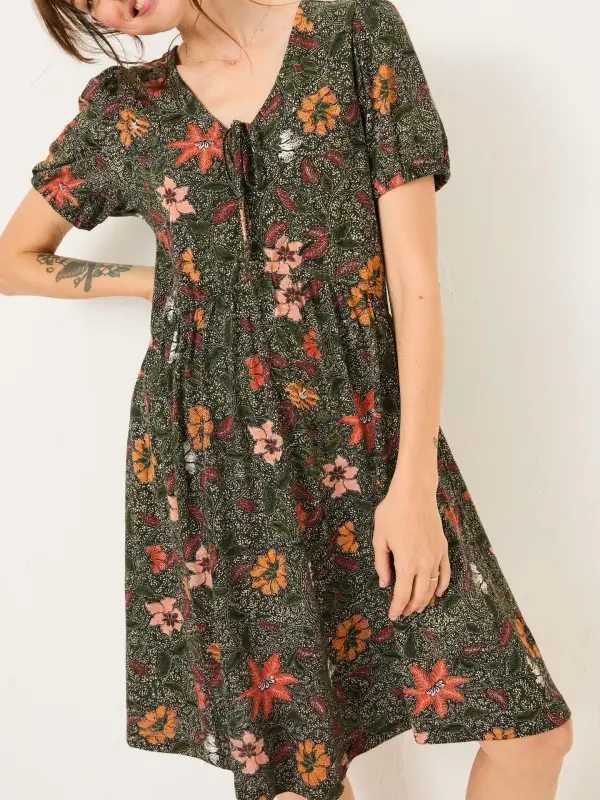 Black Floral Short Sleeve V-Neck Midi Dress