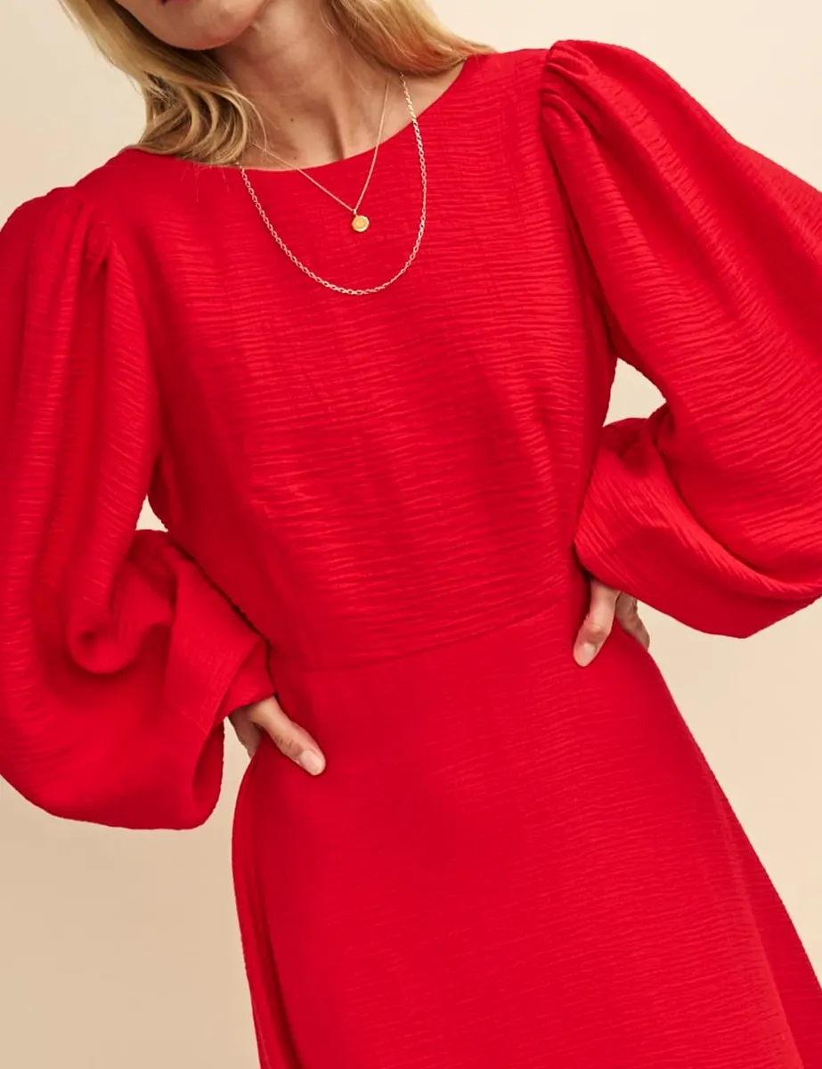 Red Linen-blend Beckless Balloon Sleeve Midi Dress