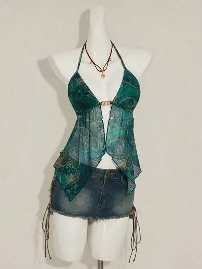 Printed Asymmetric Halter Cami