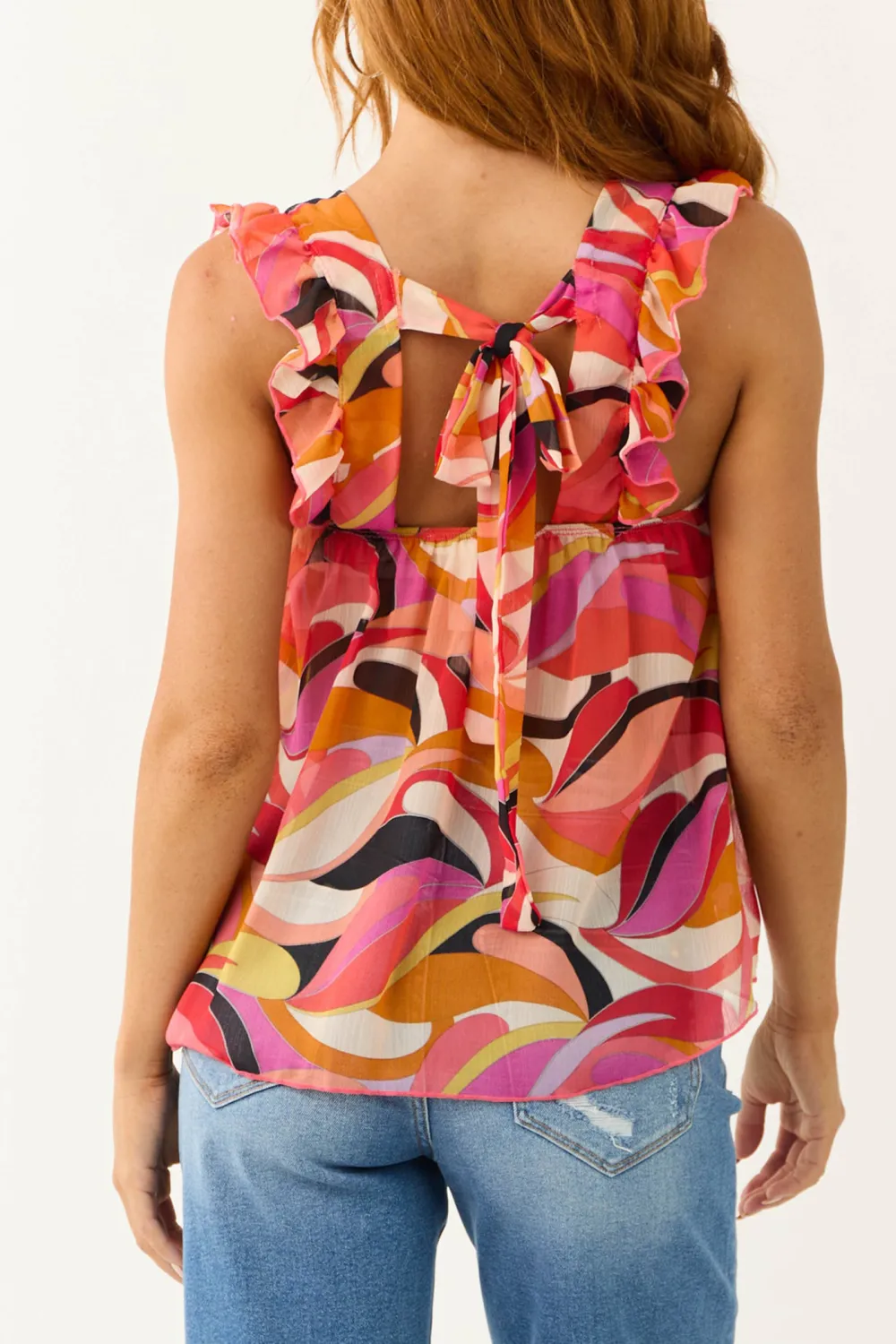 Red Multicolor Abstract Print Babydoll Blouse