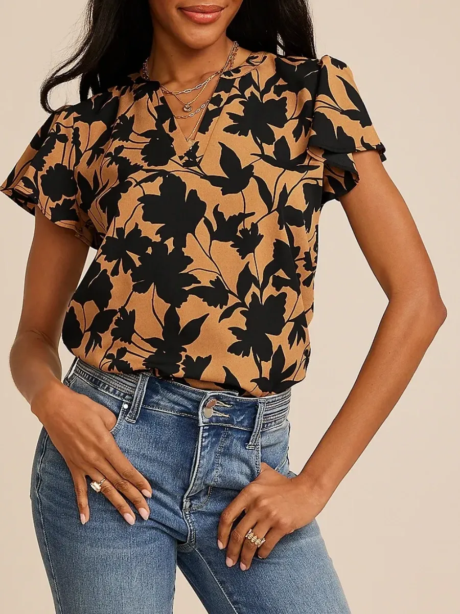 Plant Print Short Sleeve Blouse