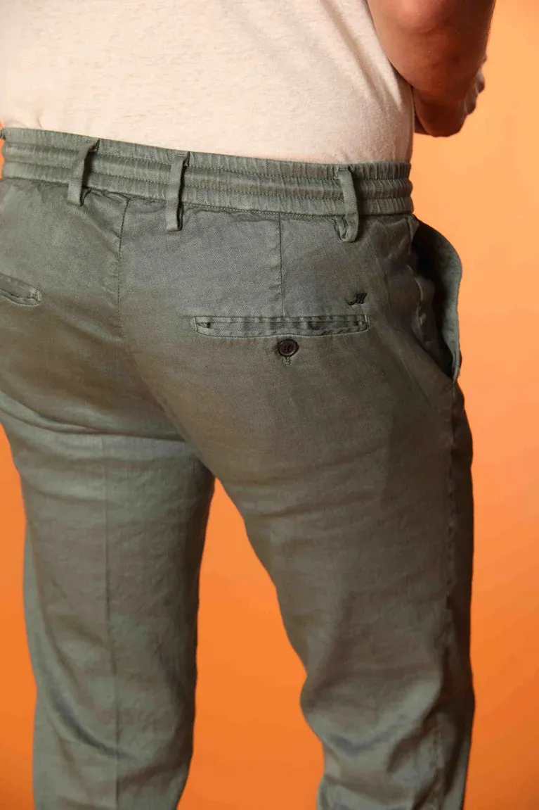 Men's Green Cotton and Linen Twill Elastic Waist Slim Fit Trousers