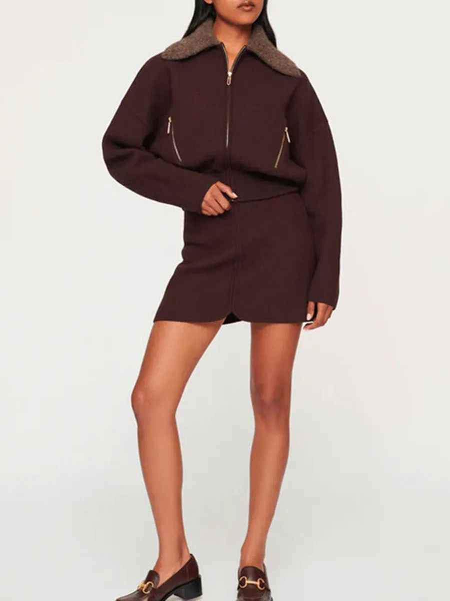 Brown Fleece Collar Zip Up Set