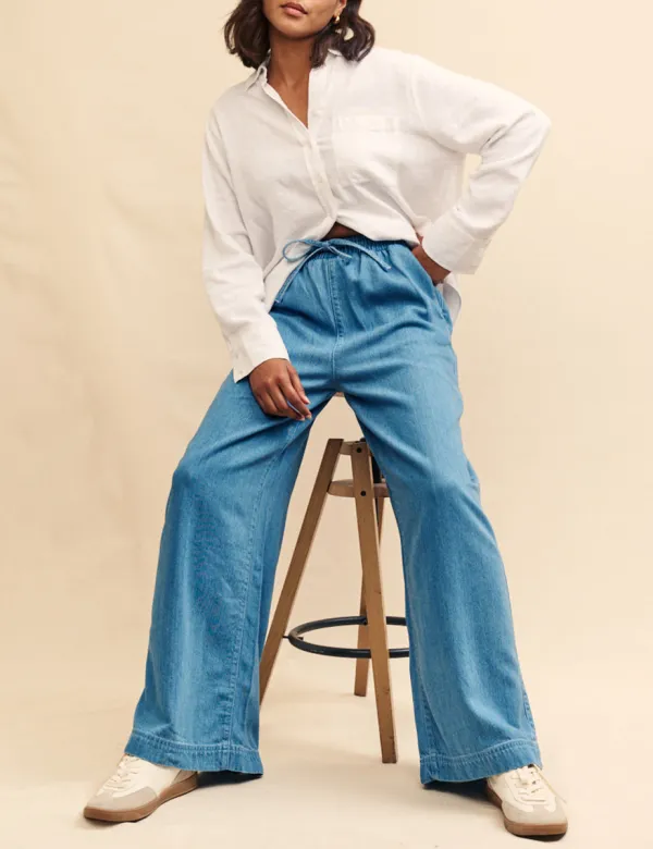 Mid Wash Blue Denim Drawstring Trouser