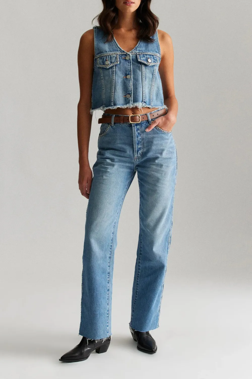 Blue Fashionable Frayed Denim Studs Tank Tops