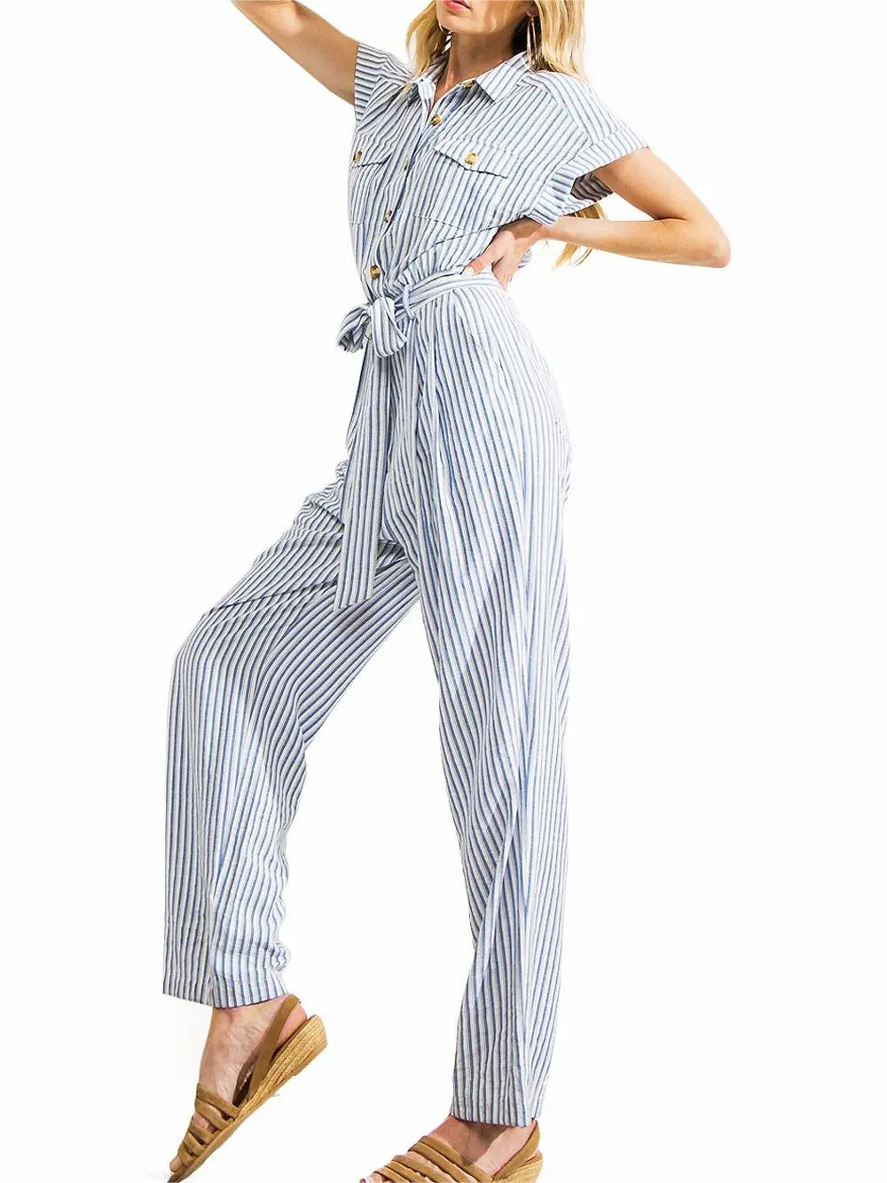 Blue and White Striped Belted Jumpsuit
