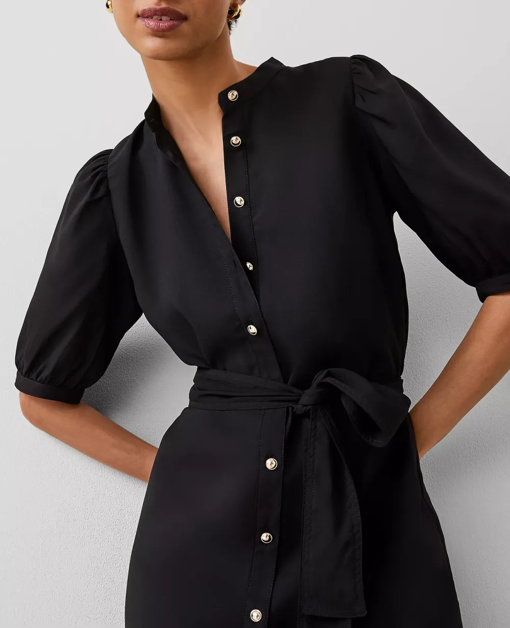 Stand Collar Belted Midi Shirtdress