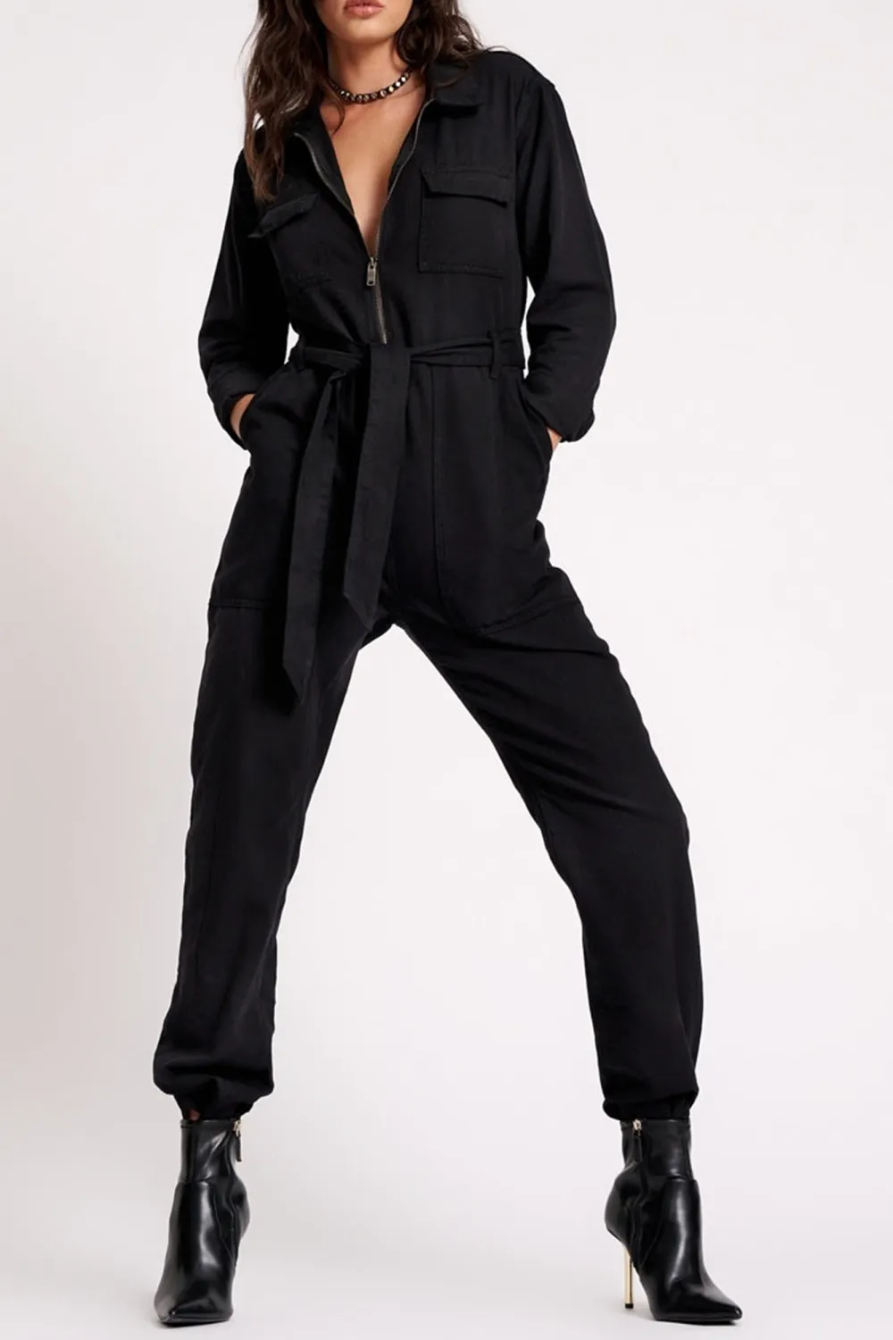 Black High-End Retro Lace-Up Waist-Cinching  Jumpsuit