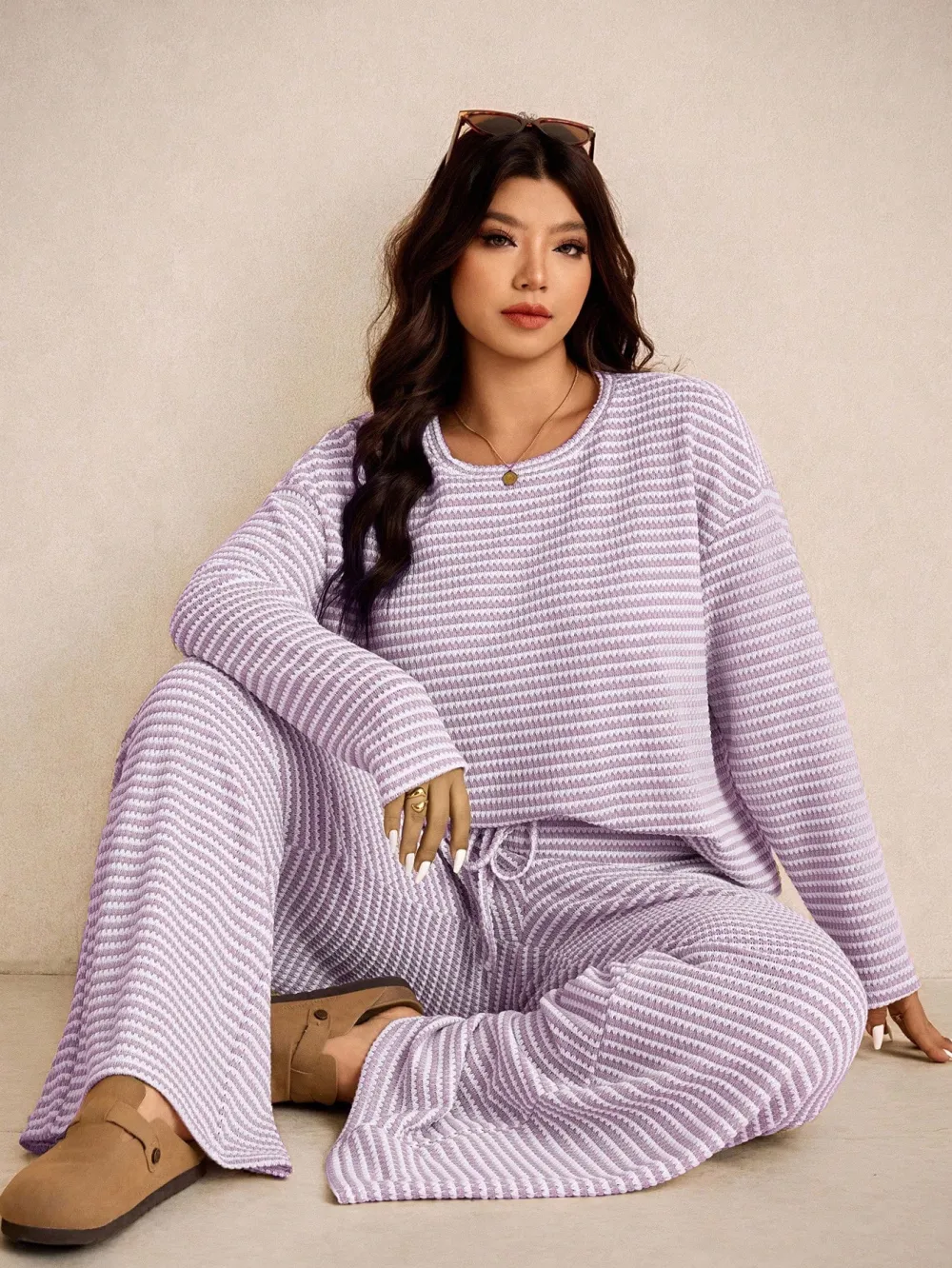 Women's Plus Size Loose Striped Long Sleeve 2pc Set