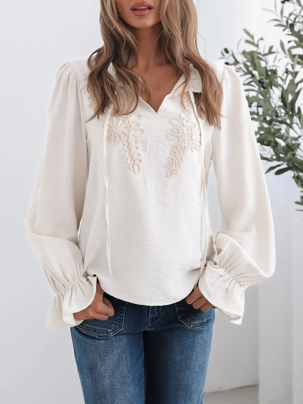 Long Sleeve Casual Style Cream Blouse