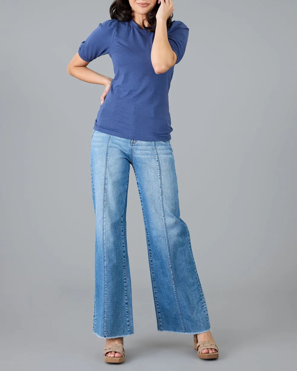 Fashionable Indigo Puff Sleeve Casual Blouse