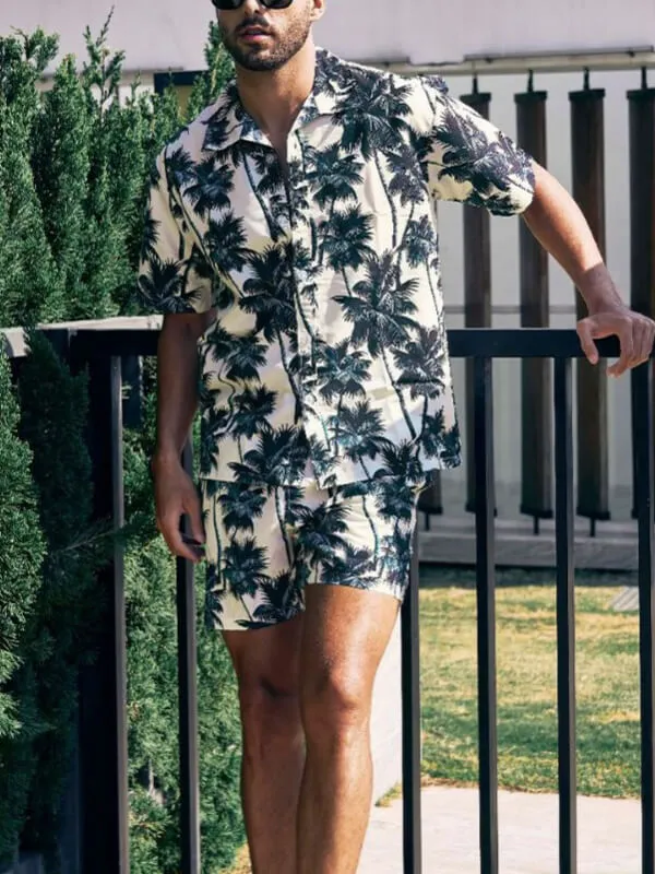 Men'S Tropical Coconut Tree Print Short-Sleeved Hawaiian Resort Shirt + Casual Shorts Two-Piece Set