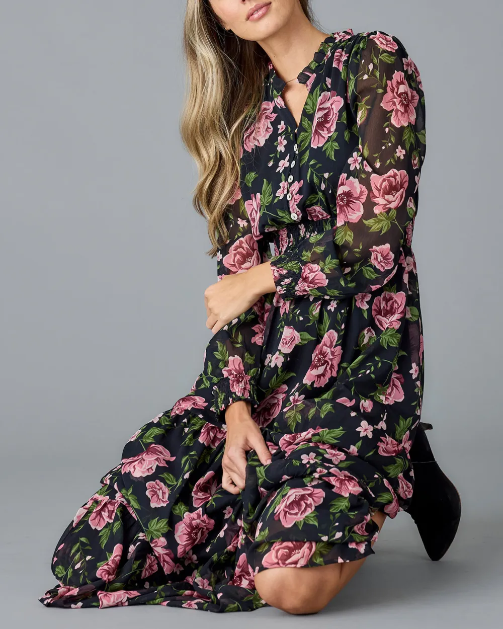 Floral Print Long Sleeved Maxi Dress