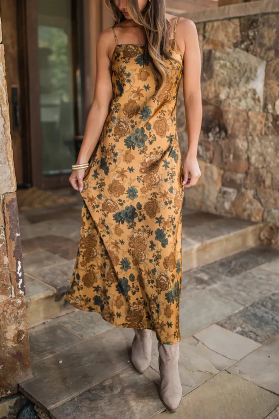 Mustard and Teal Satin Printed Slip Dress