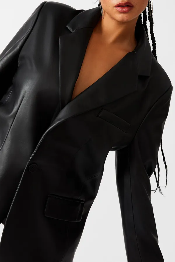 Faux Leather Blazer Black