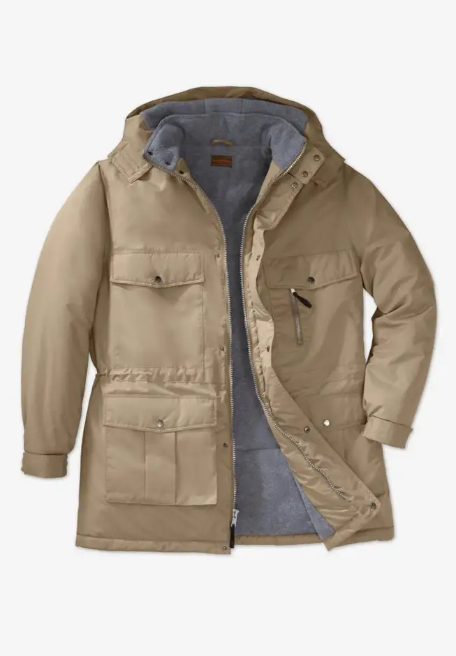 Fleece-Lined Parka with Detachable Hood and 6 Pockets