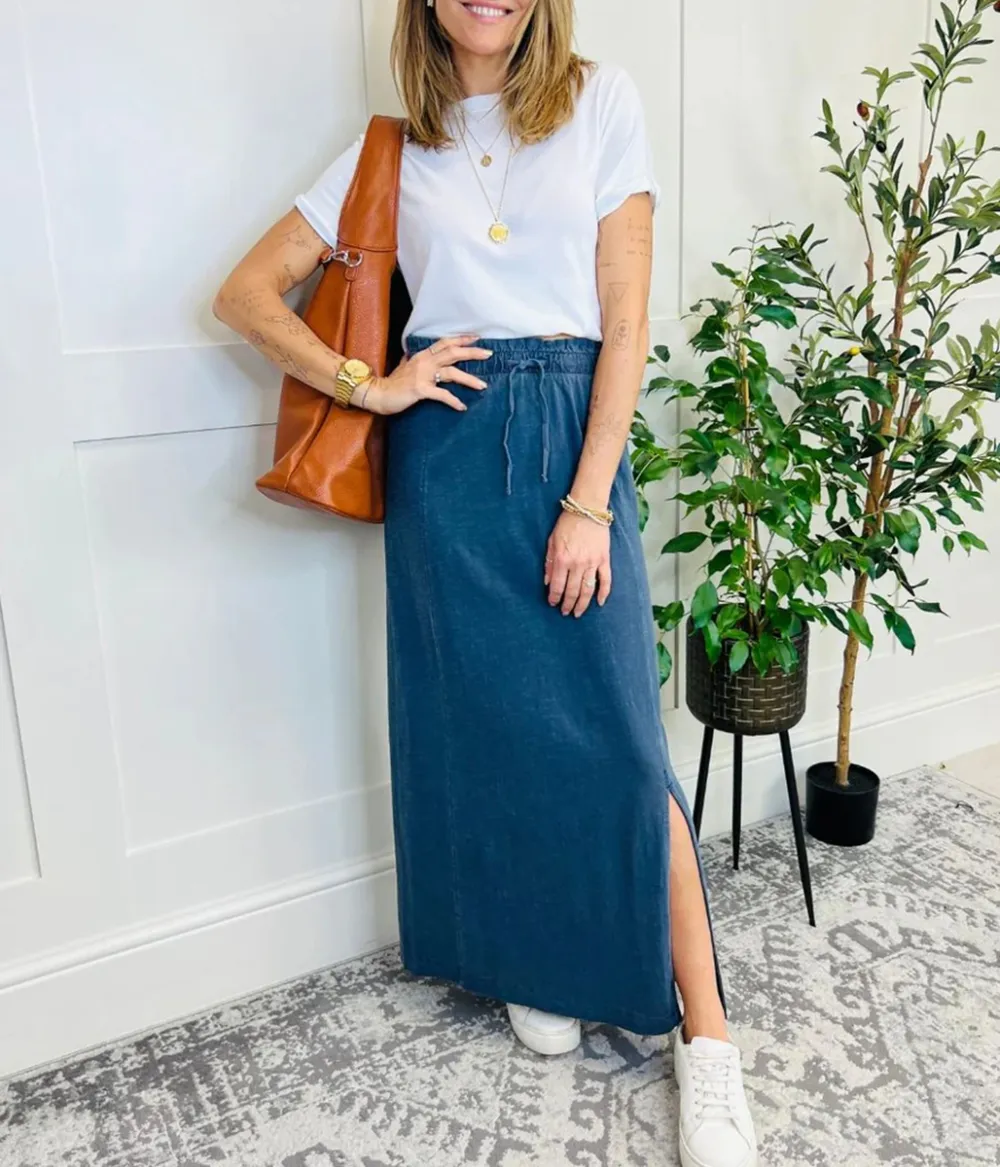 Grey/Blue Jersey Midi Skirt