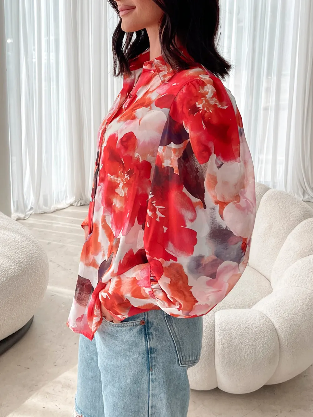 Casual Style Crimson Floral Fleet Blouse