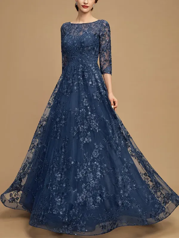 Round Neck Lace Long Sleeve Solid Color Maxi Dress