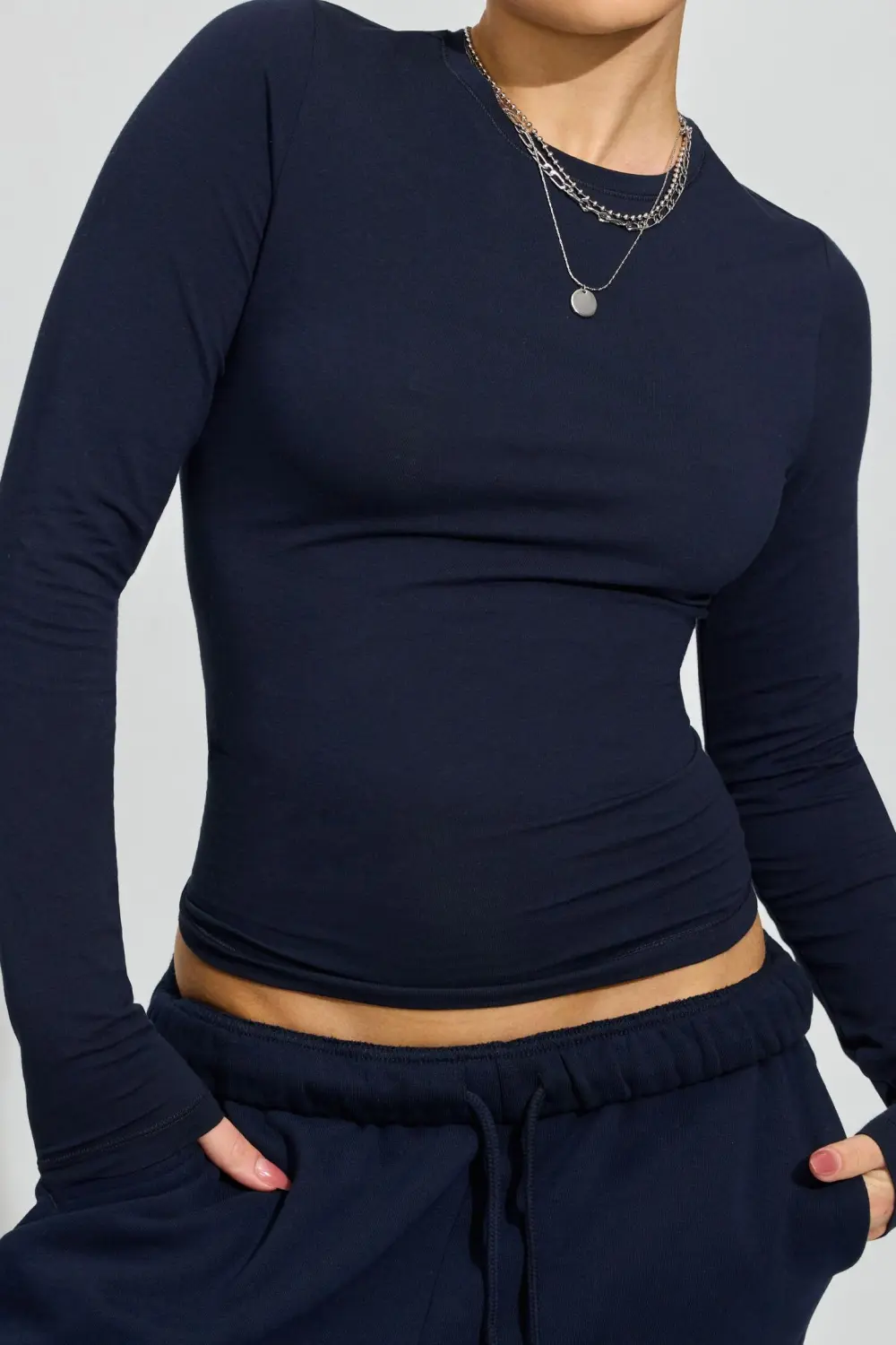 Navy Blue Long Sleeve Fitted Tee