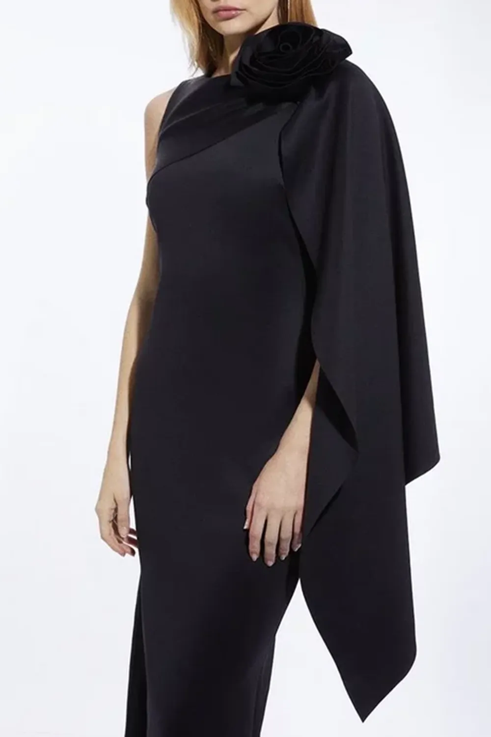 Scuba Crepe Dramatic Rosette Woven Cape Midi Dress