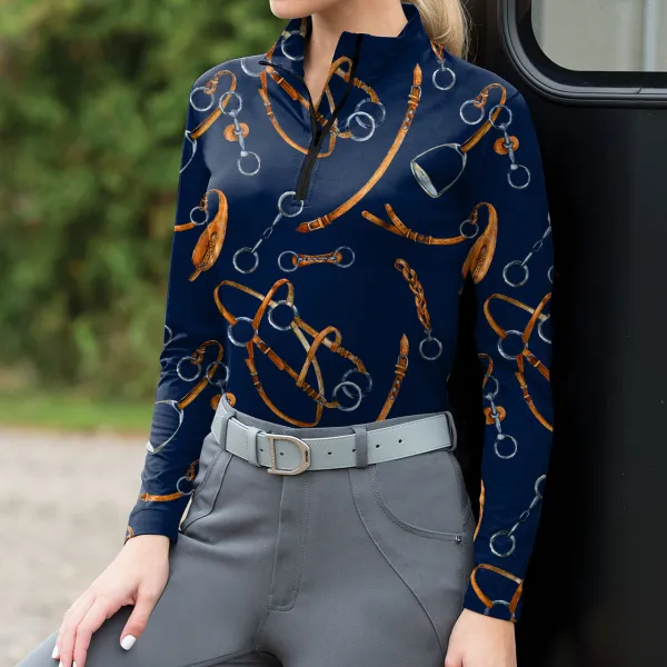Women's Equestrian Style Harness Print Long Sleeve Casual Shirt