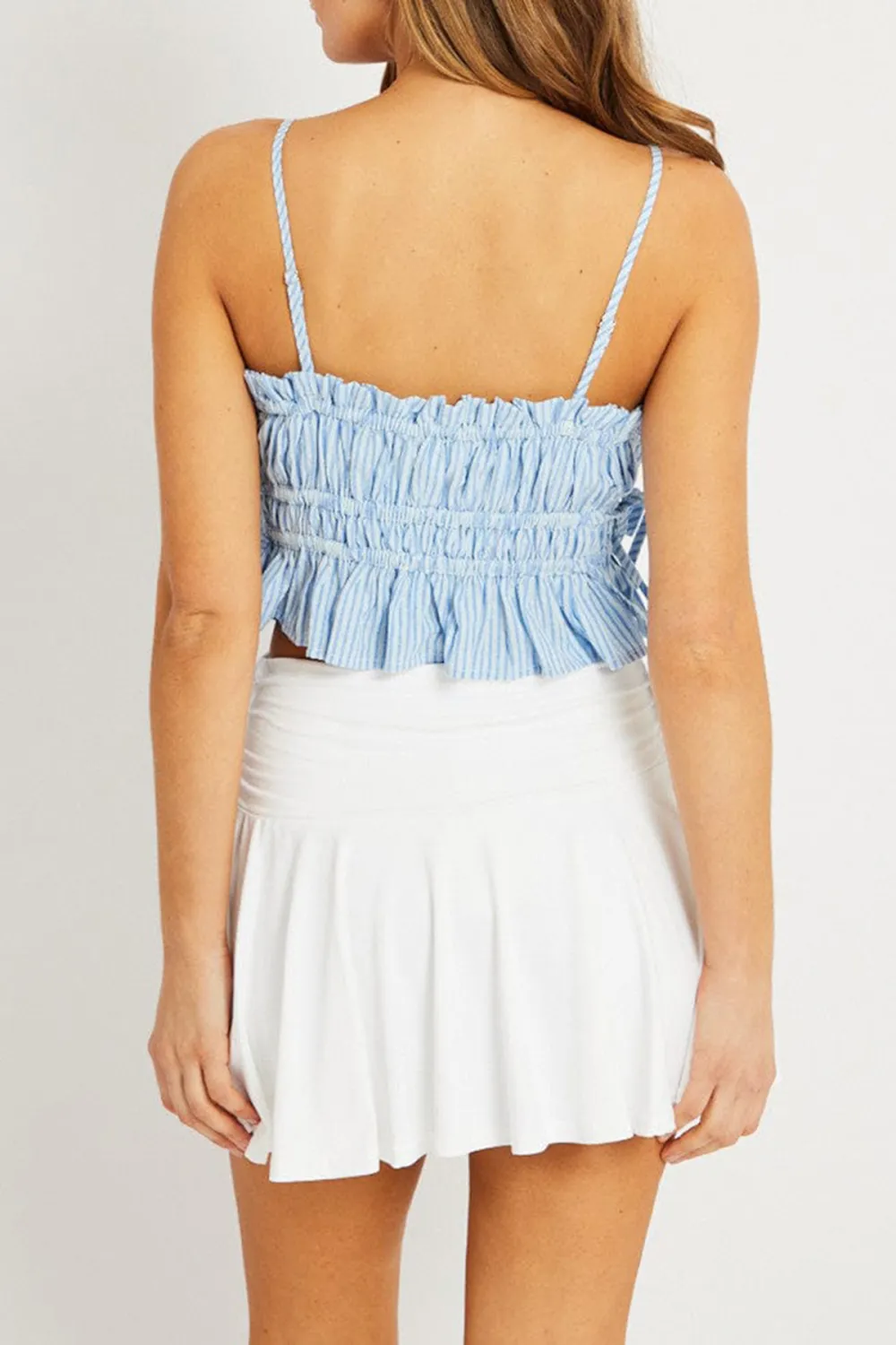 Blue Stripe Crop Top Sleeveless Ruched