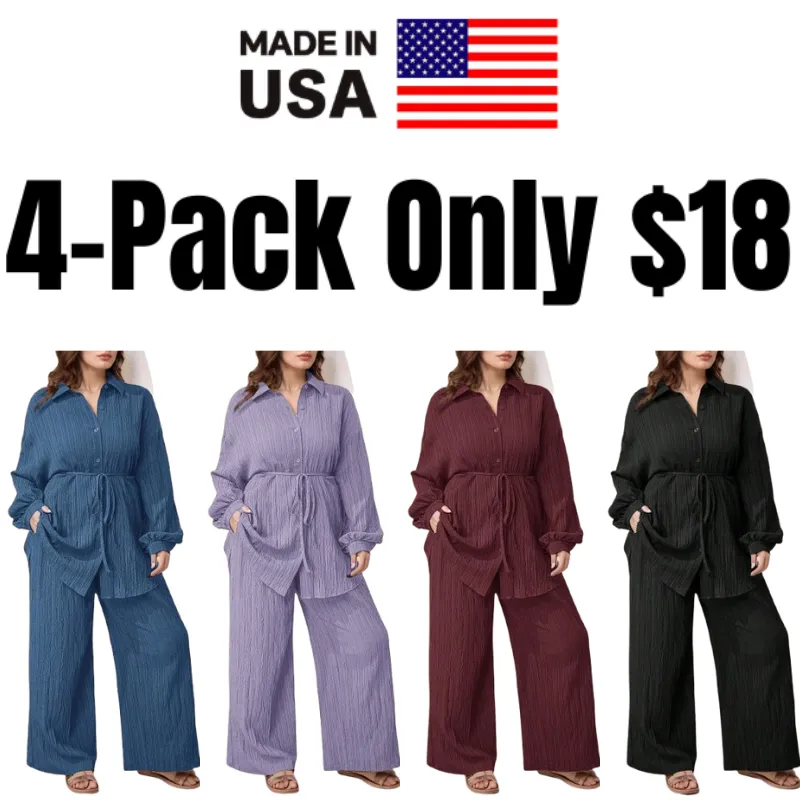 Women's Plus Size Plain Button-Up 2pc Set